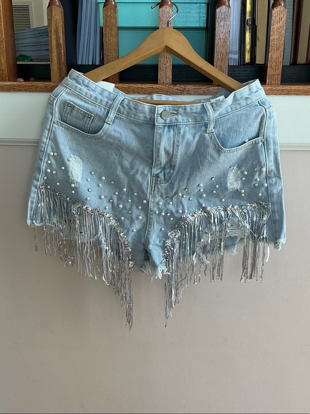 Light Wash Pearl & Fringe Denim Shorts - Women's Jean Shorts